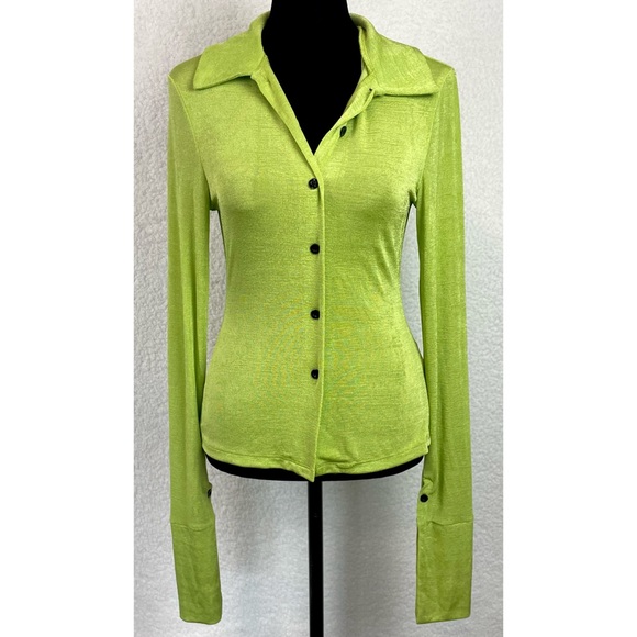 COMMENSE • Lime Green Exaggerated Long Sleeve Collared Button-Down Shirt - Picture 6 of 16